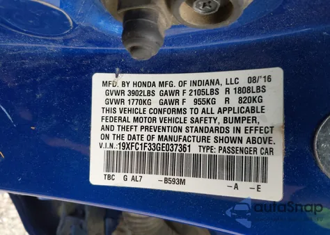 2016 Honda Civic Ex-T from USA, damaged, VIN 19XFC1F33GE037361